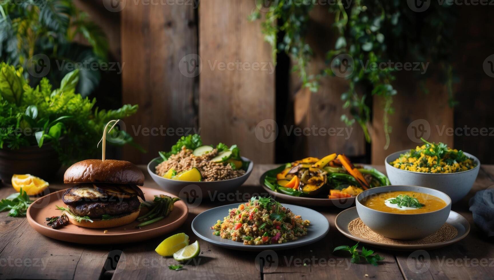 Vegan dishes featuring a grilled portobello mushroom burger, vibrant quinoa salad with roasted vegetables, and a warm, satisfying lentil soup. photo