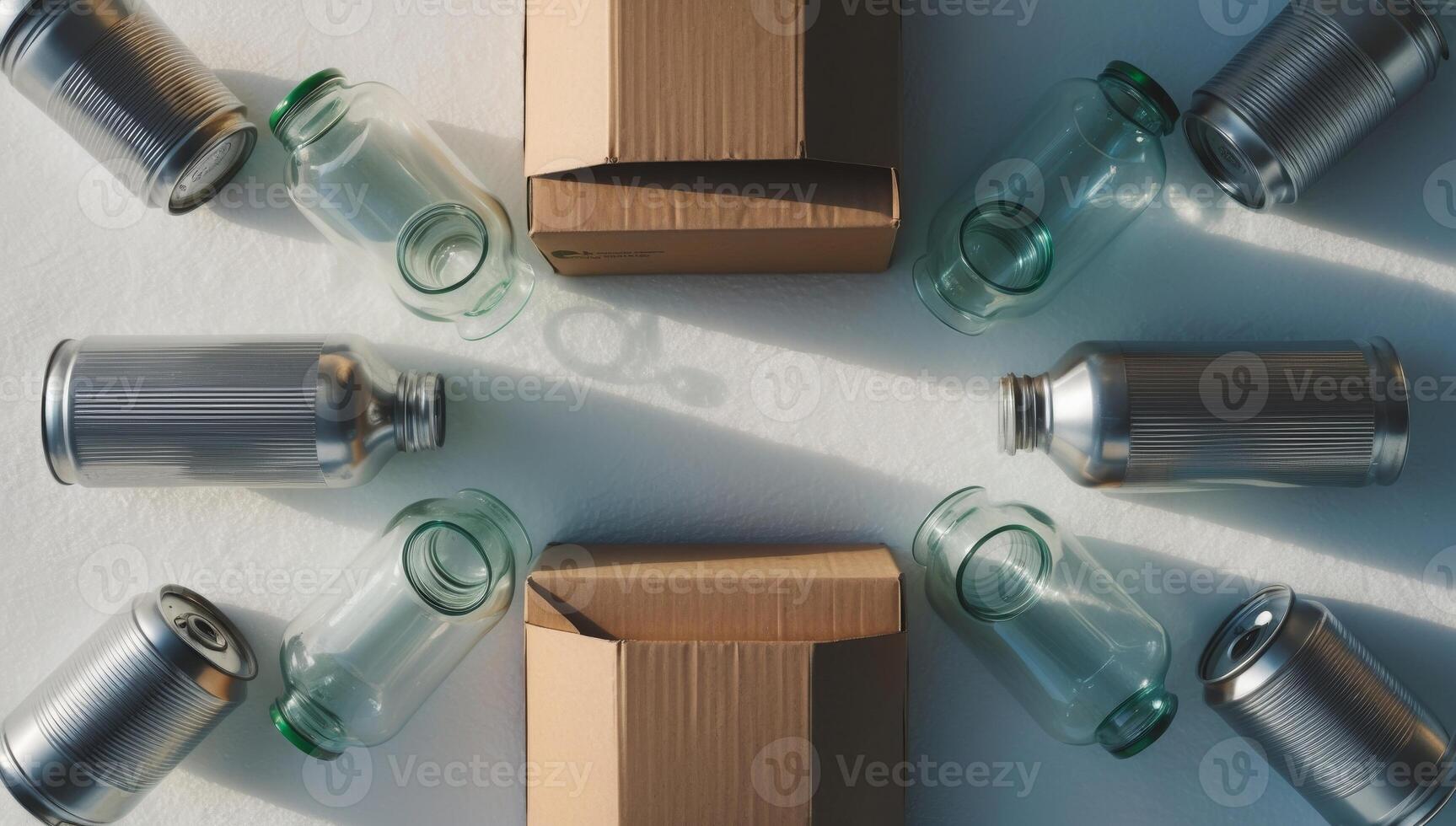 Corrugated cardboard, glass bottles, and metal cans, all recyclable, showcasing responsible waste management and sustainability. photo