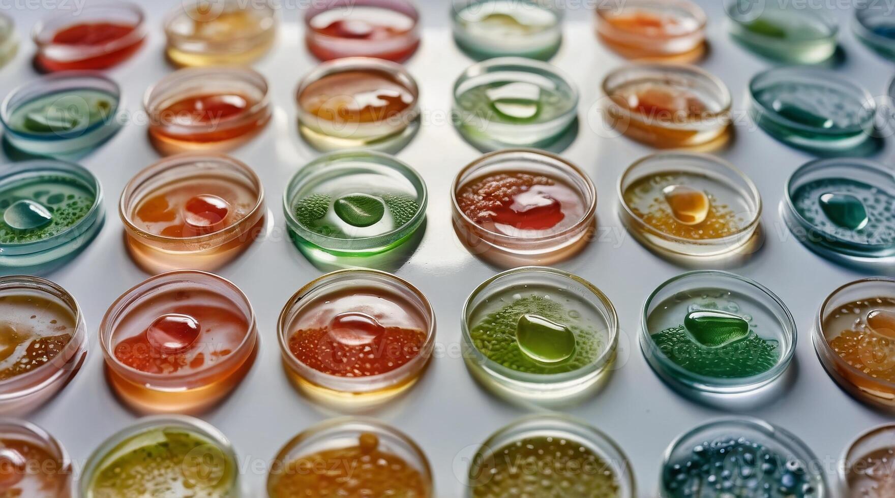 Liquid serum gel holding microalgae samples in petri dishes, forming a wallpaper-like pattern on a light surface photo