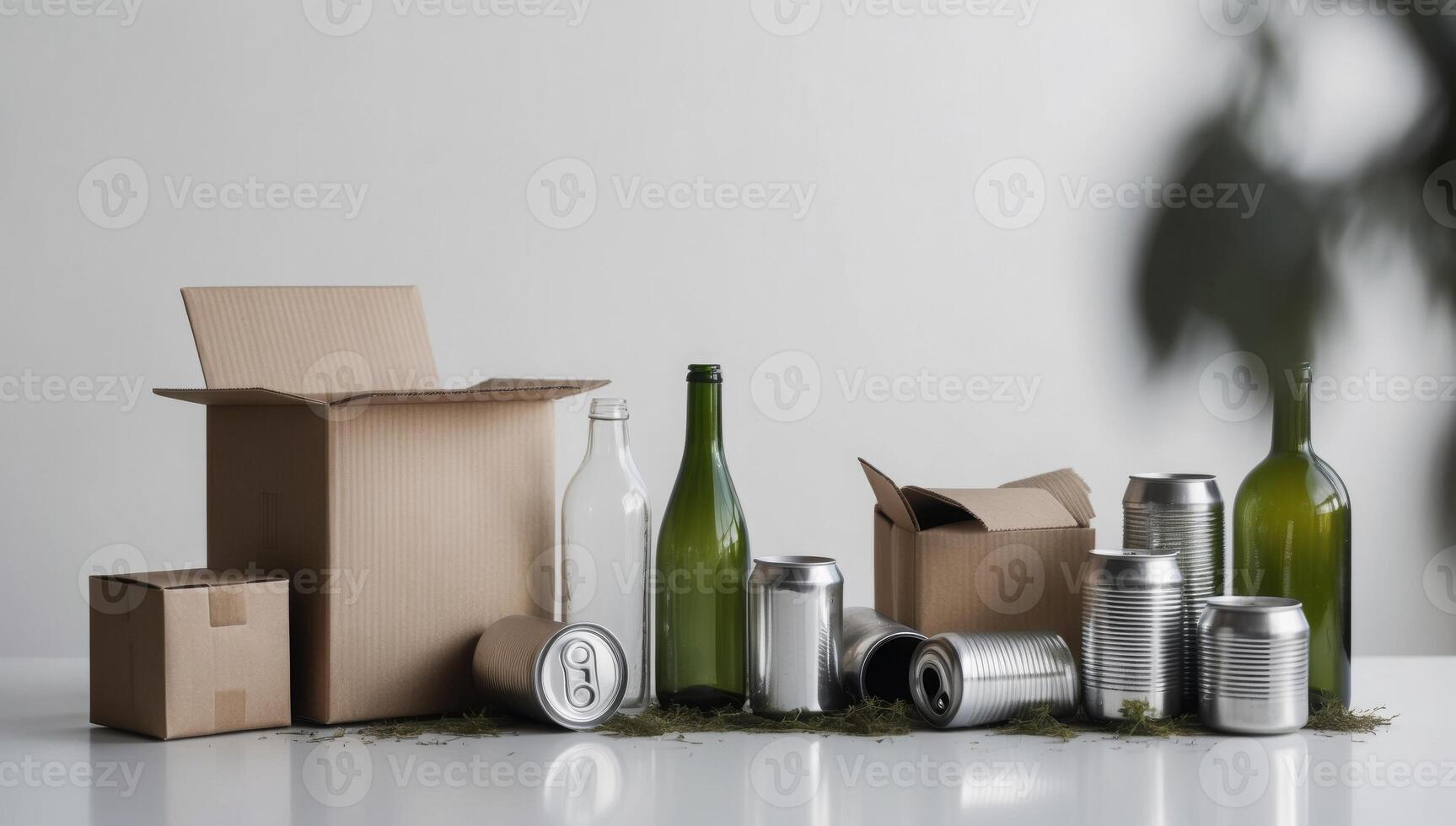 Eco-conscious materials including corrugated cardboard, glass bottles, and metal cans, encouraging recycling and waste management. photo