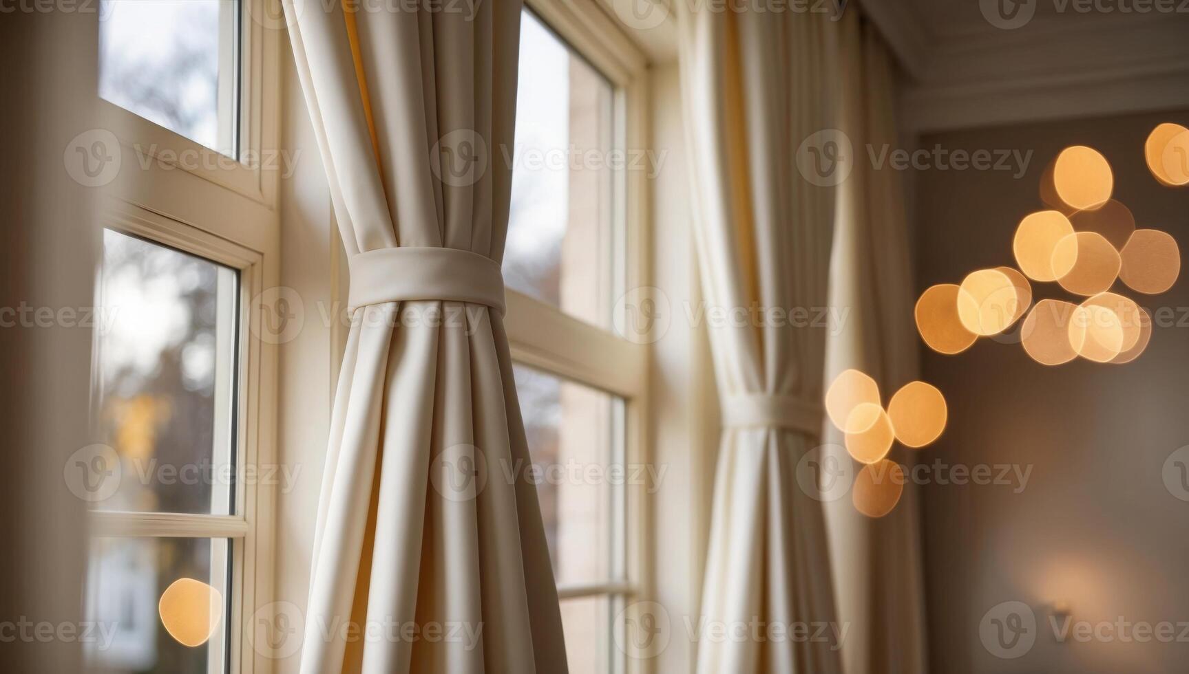 Energy saving blackout curtains in a soft creamy white color cover windows, reducing energy consumption by insulating the home interior. photo