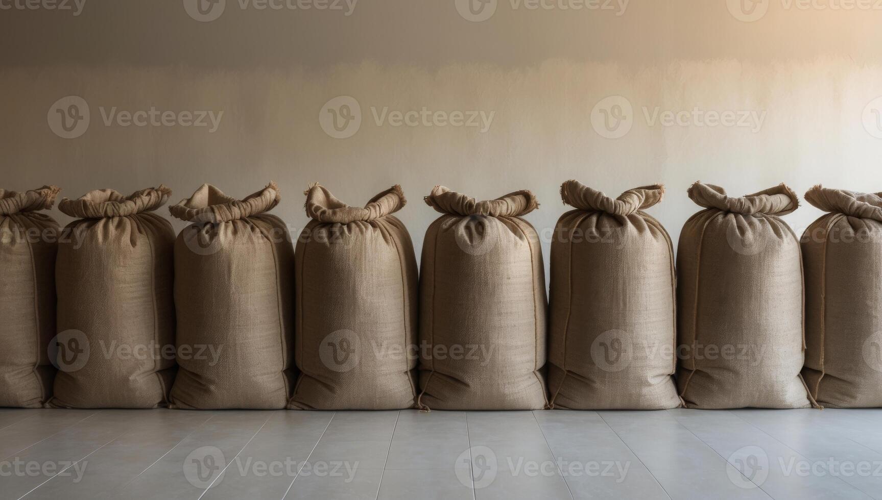 Large jute grain sacks, worn and textured, arranged in a neat row, highlighting the raw, rustic feel of a traditional harvest scene. photo