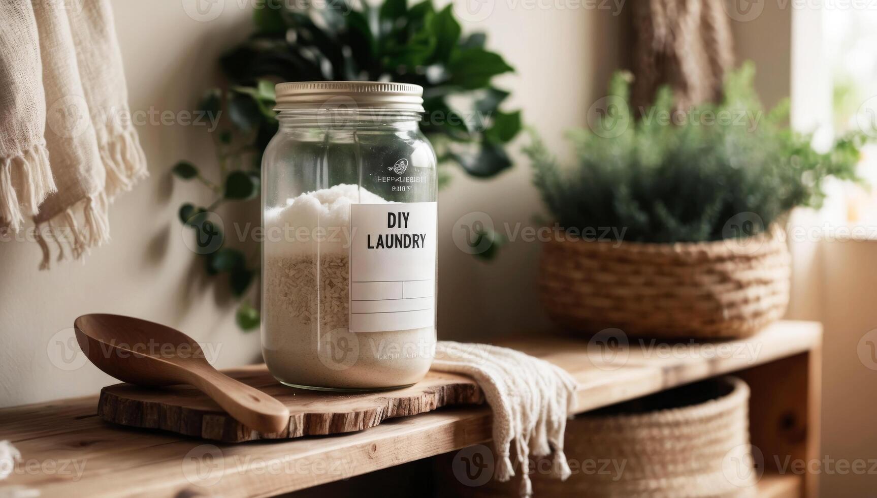 Natural ingredient-based DIY detergent stored in a minimalist glass jar, embodying green living and sustainable laundry habits. photo