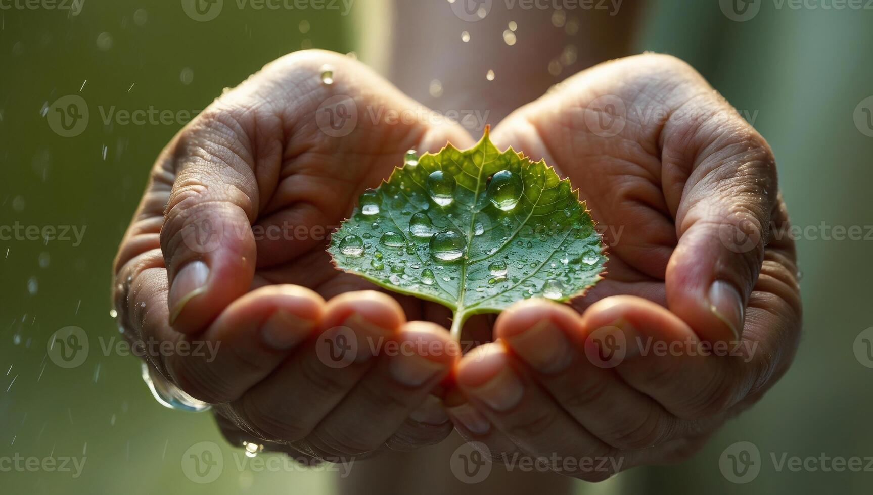 Hands carefully holding a small, tender leaf, set against a blurred background, reflecting the practice of collecting rainwater for garden irrigation. photo