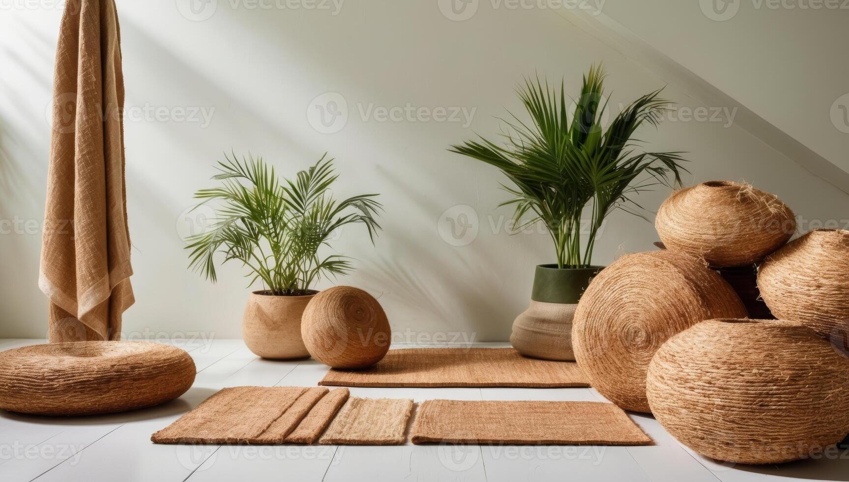 Eco-conscious interiors feature coconut coir mats and rugs, combining sustainability with rustic charm and functional design. photo