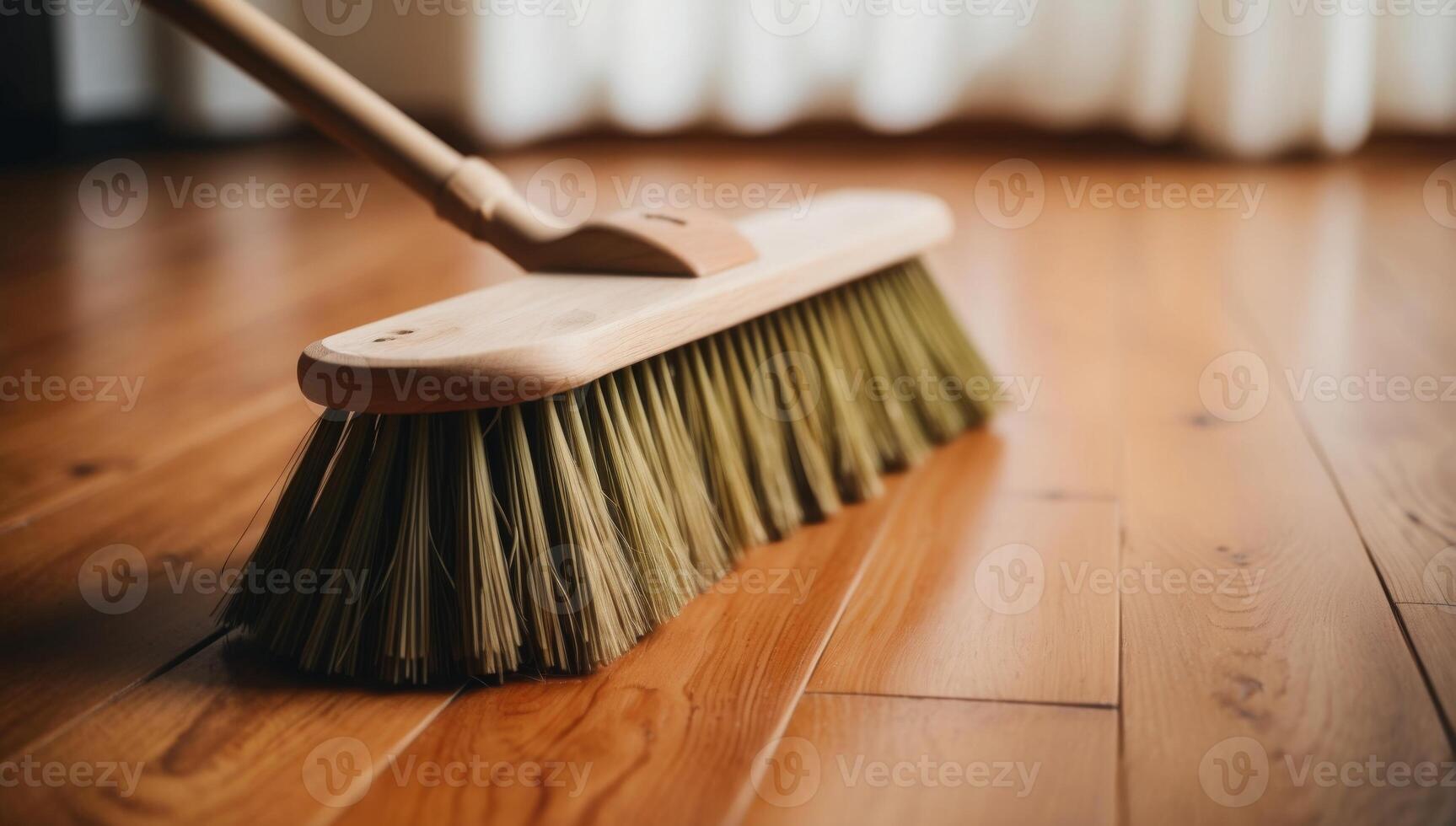 Wooden broom with natural bristles sweeping a hardwood floor, showcasing an eco-friendly, plastic-free approach to cleaning. photo