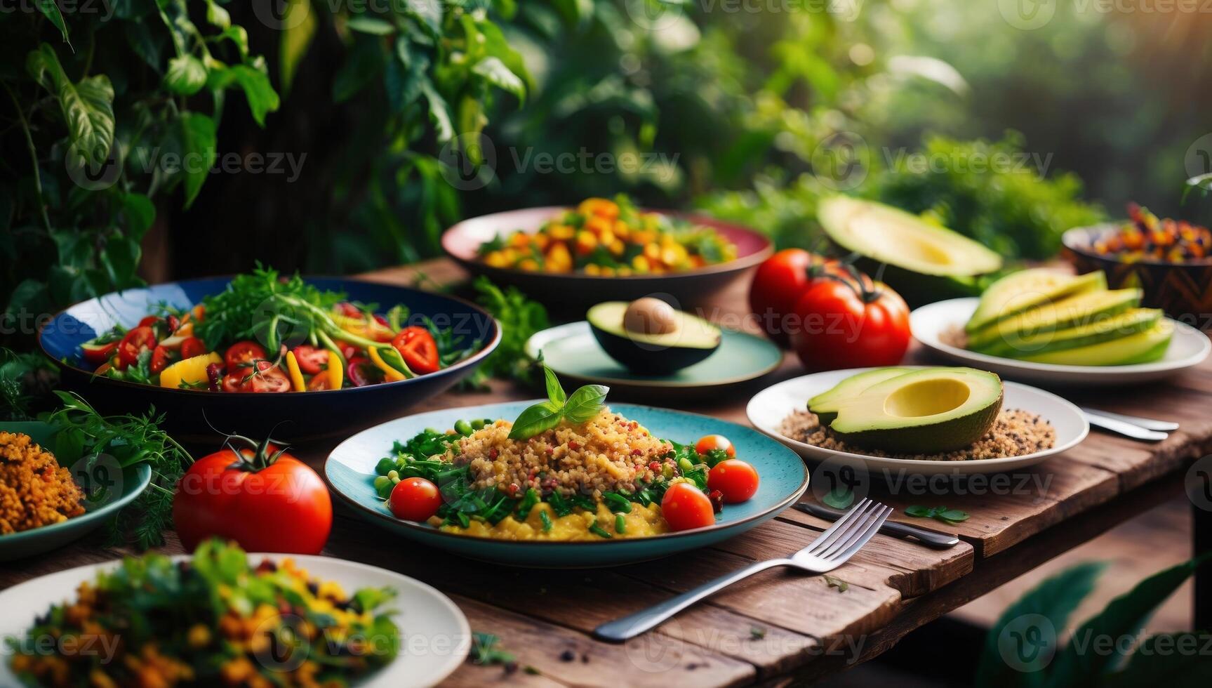 Rustic table filled with colorful vegan plates, set against a backdrop of lush greenery, embodying the freshness and sustainability of plant-based eating. photo