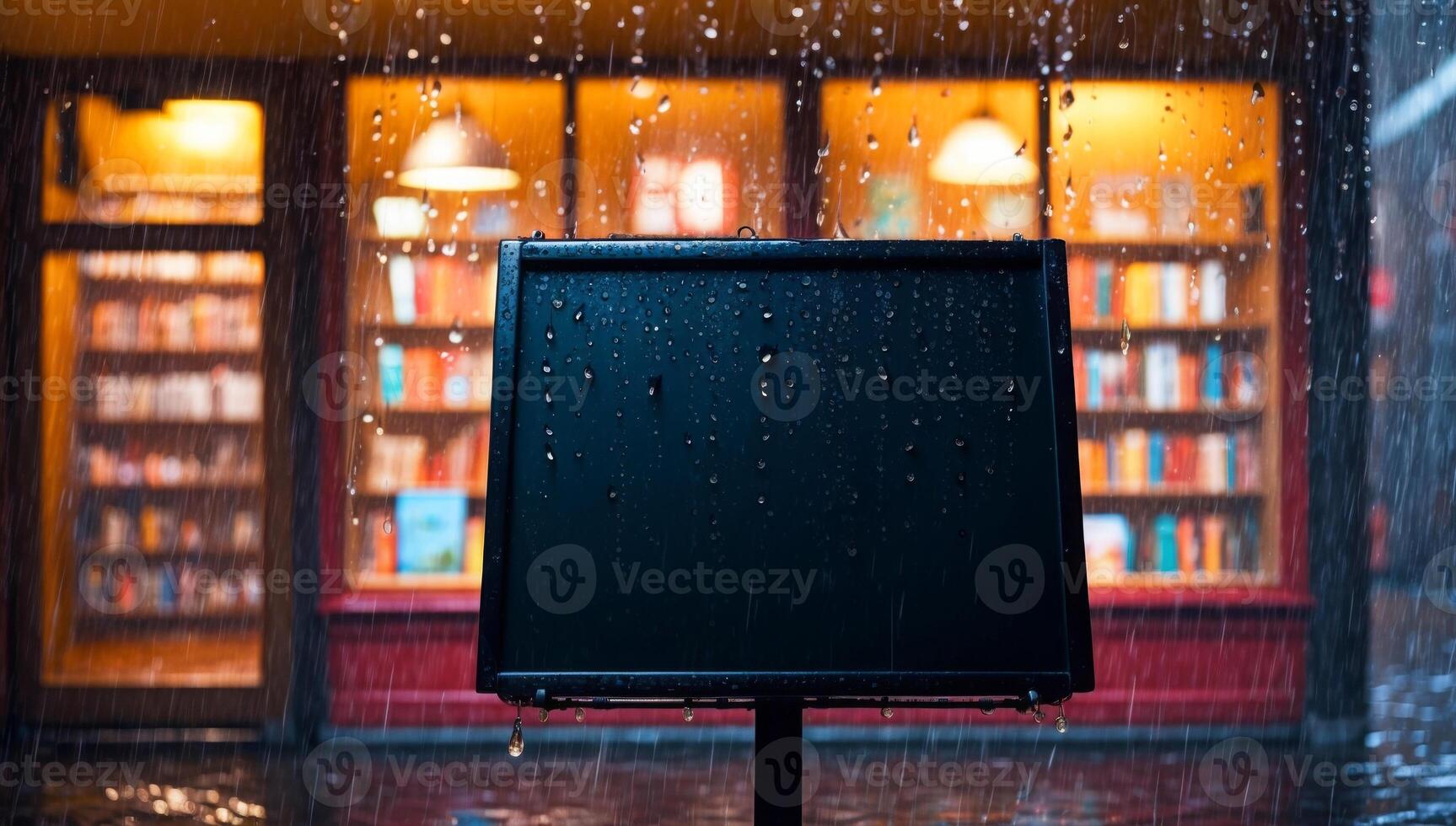 In a tranquil rainy setting, an empty black sandwich board stands out. A blurred bokeh effect softly frames the cozy bookstore nearby. photo