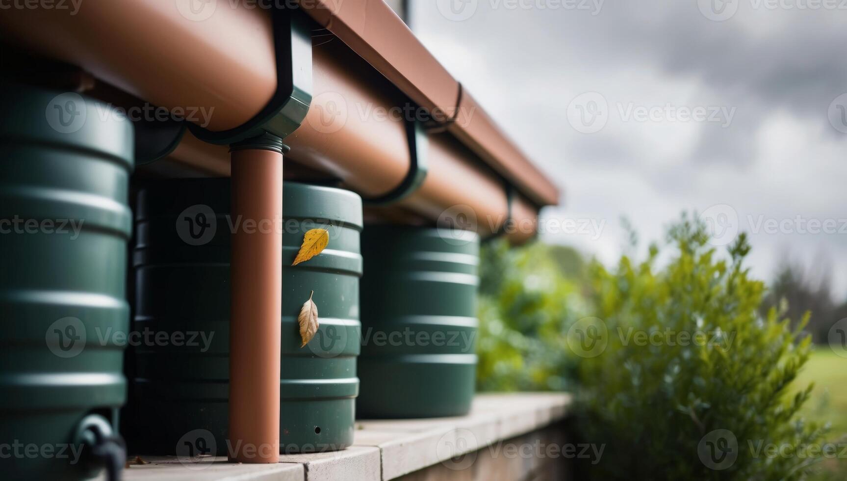 Recycled plastic barrels in deep green shades collect rainwater sustainably, offering an eco-conscious option for efficient garden irrigation. photo