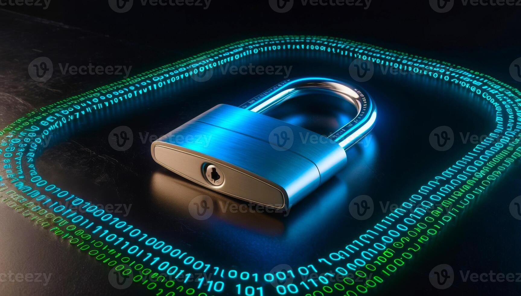 Futuristic digital padlock with a soft blue glow, set against a black background, featuring binary code in electric blue and green, symbolizing cyber security. photo