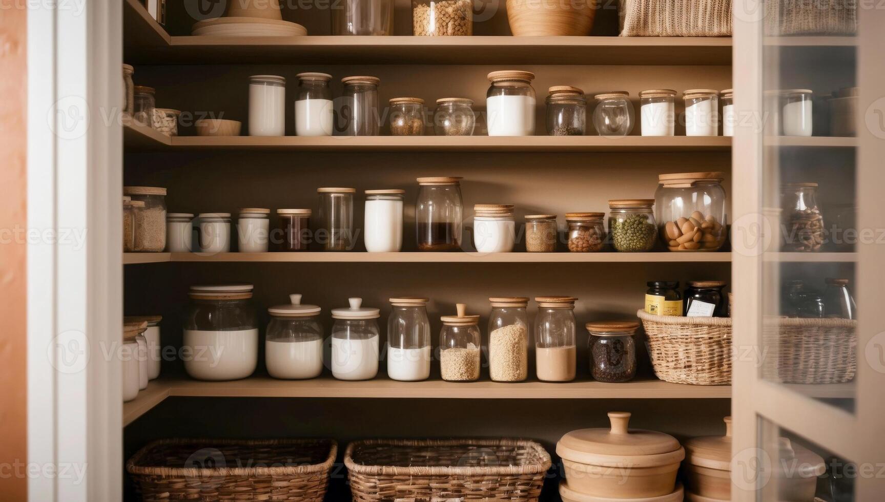 Glass jars and containers replace plastic in a zero-waste pantry, neatly arranged on wooden shelves, blending minimalism with sustainable living. photo