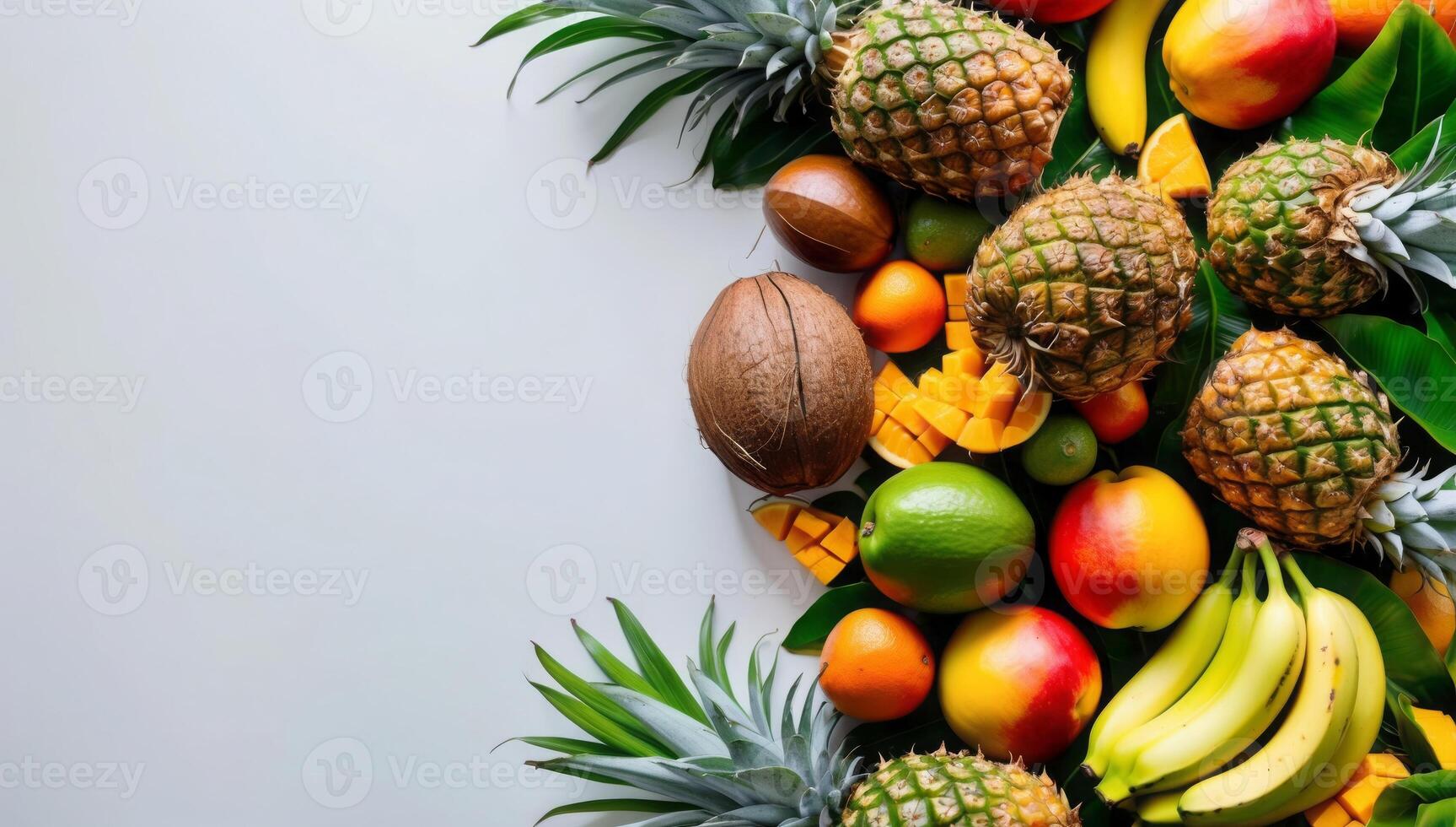 A fresh display of tropical fruits pineapples, coconuts, mangoes, and bananas surrounding a clean white background, bursting with color. photo
