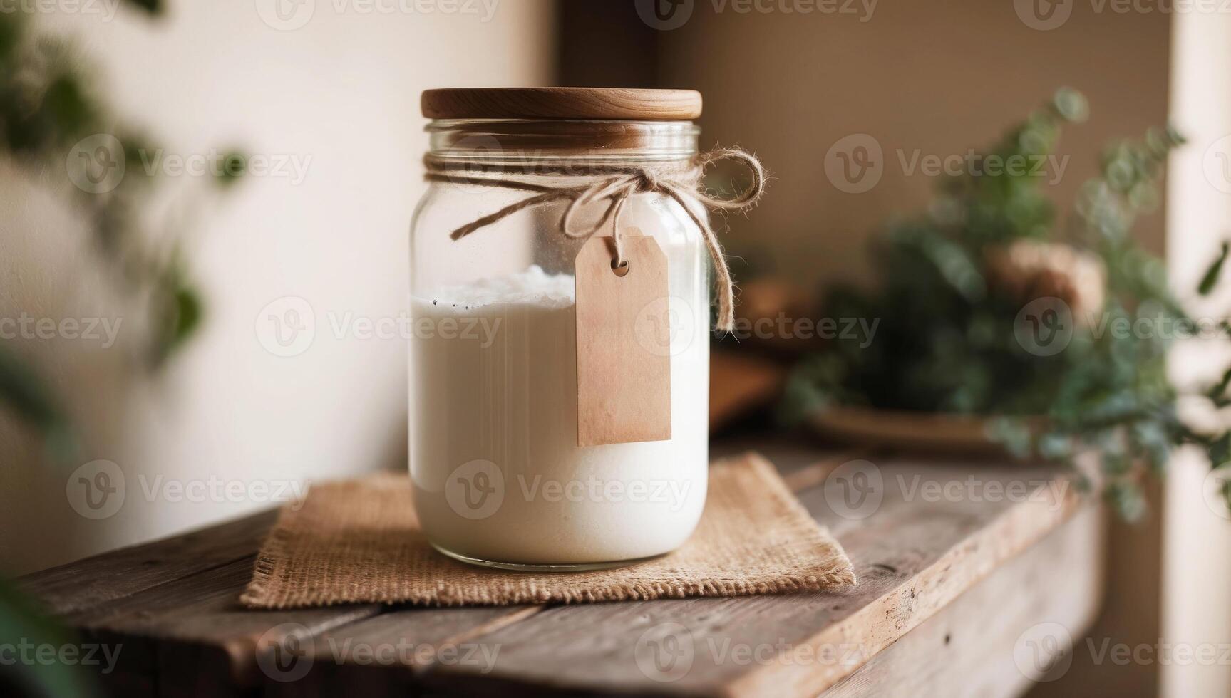 Natural DIY laundry detergent stored in a simple glass jar, promoting zero-waste living and eco-friendly household practices. photo