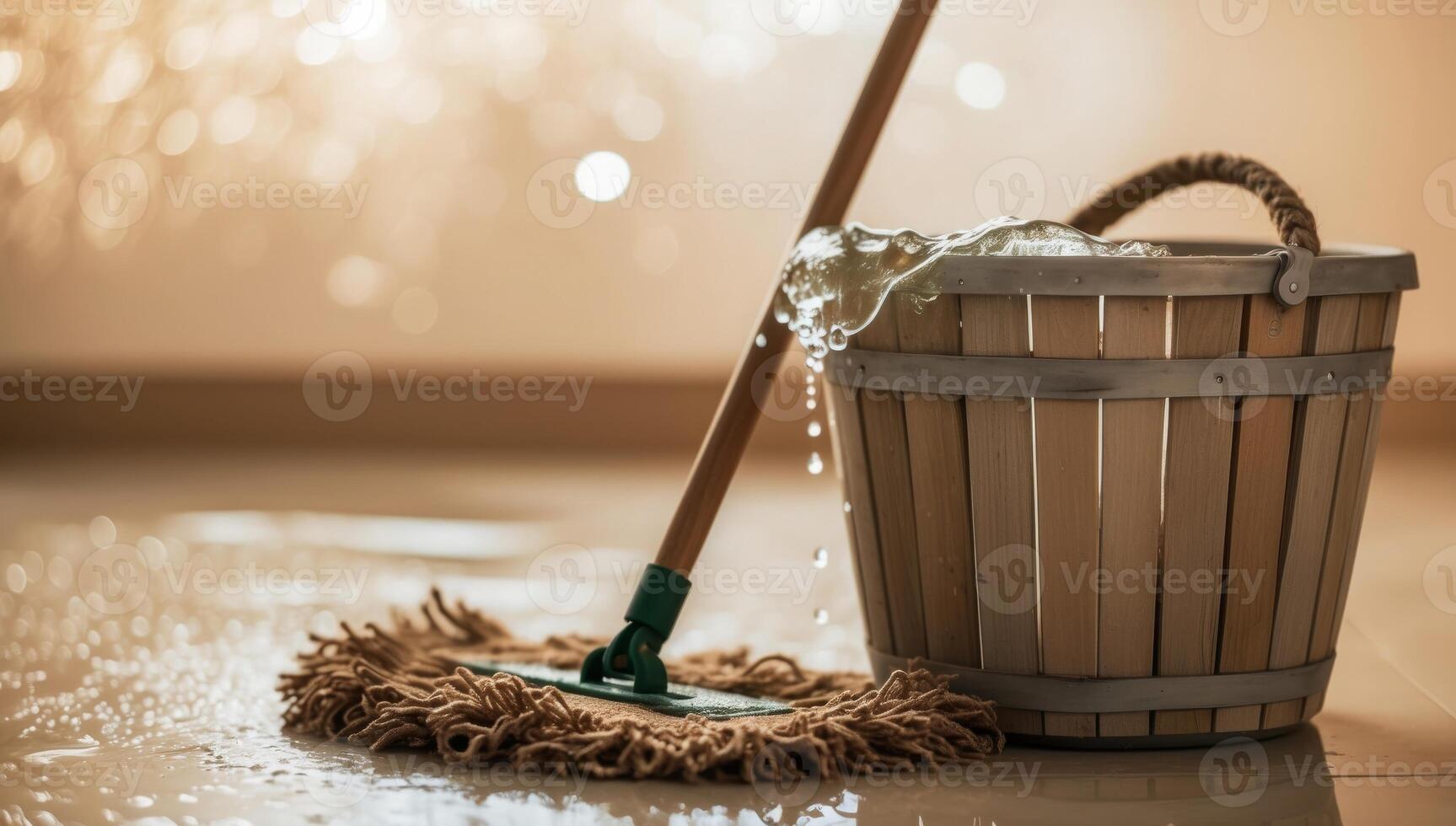 A bucket filled with collected rainwater used for mopping floors, highlighting eco-friendly cleaning practices and water conservation efforts. photo