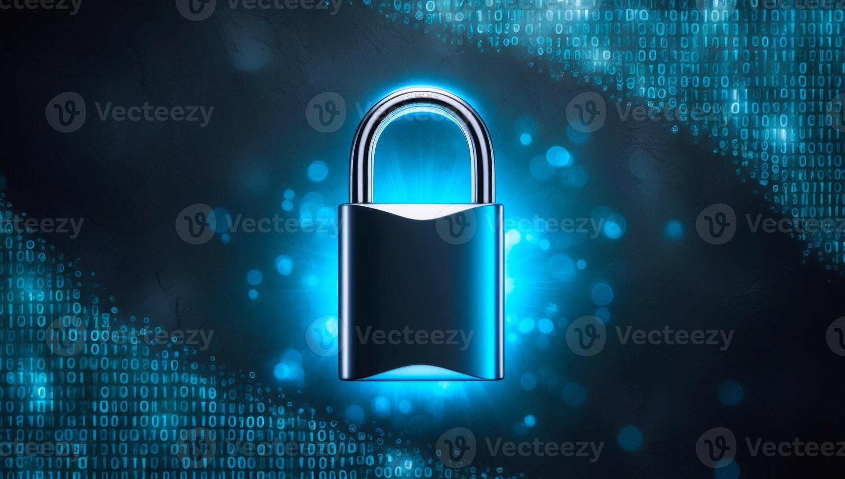 Digital padlock with a soft blue light, surrounded by binary code in electric blue and green, on a black backdrop, representing advanced cyber security. photo