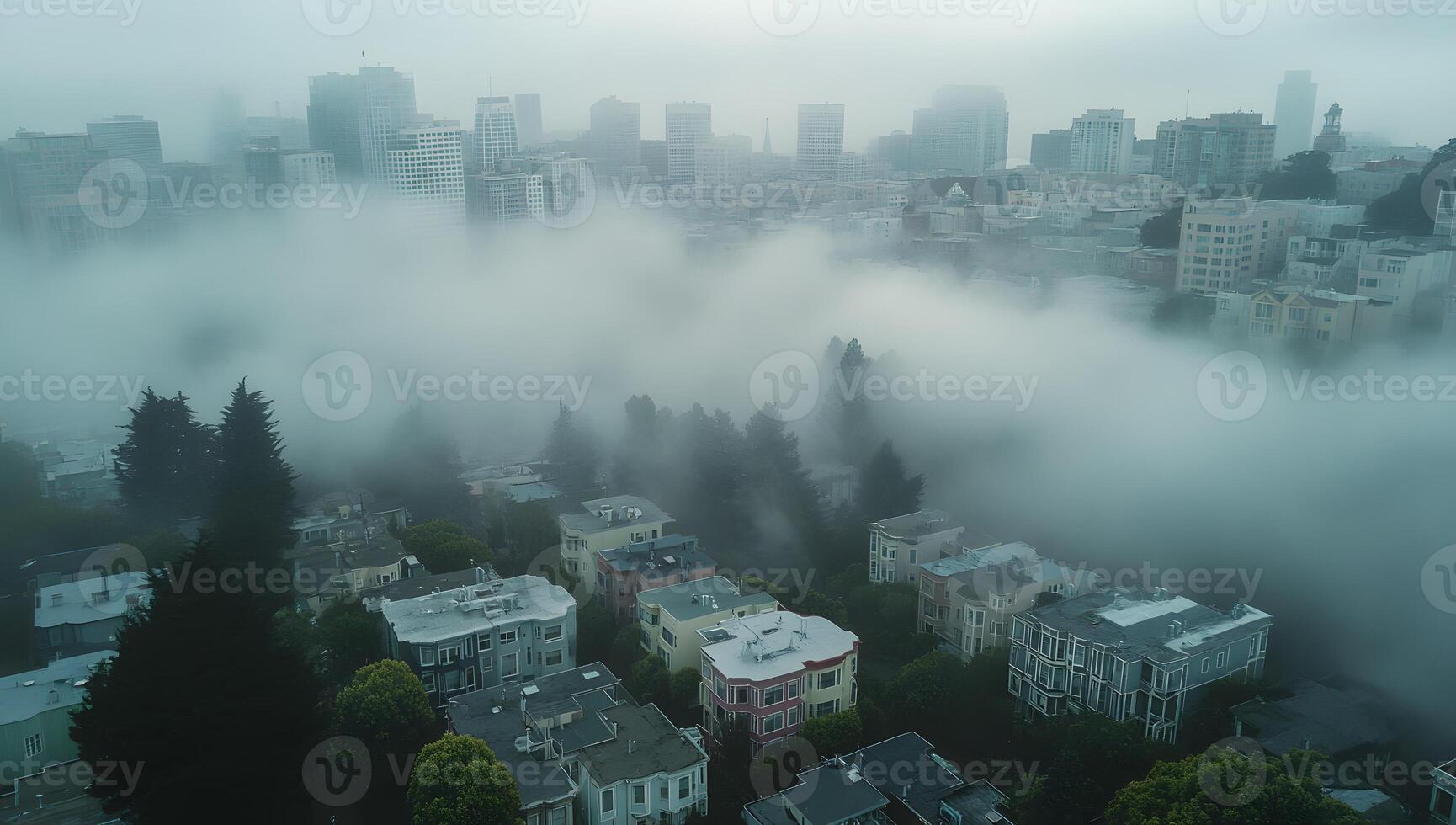 Foggy Cityscape Aerial View San Francisco Houses Buildings photo