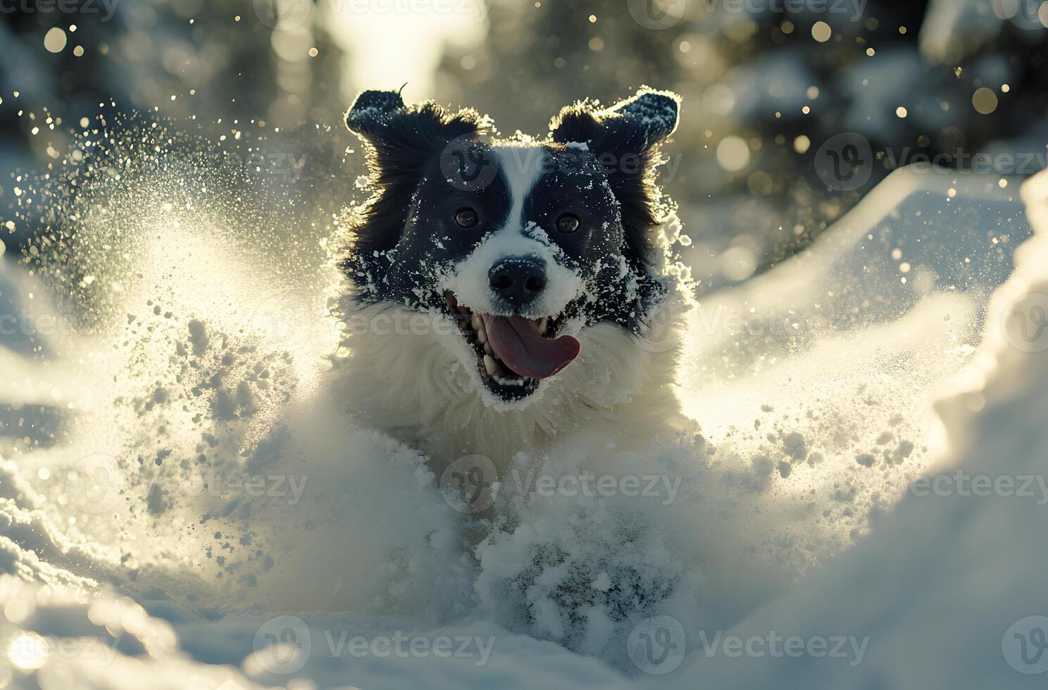 Border Collie Dog Running Through Deep Winter Snow photo