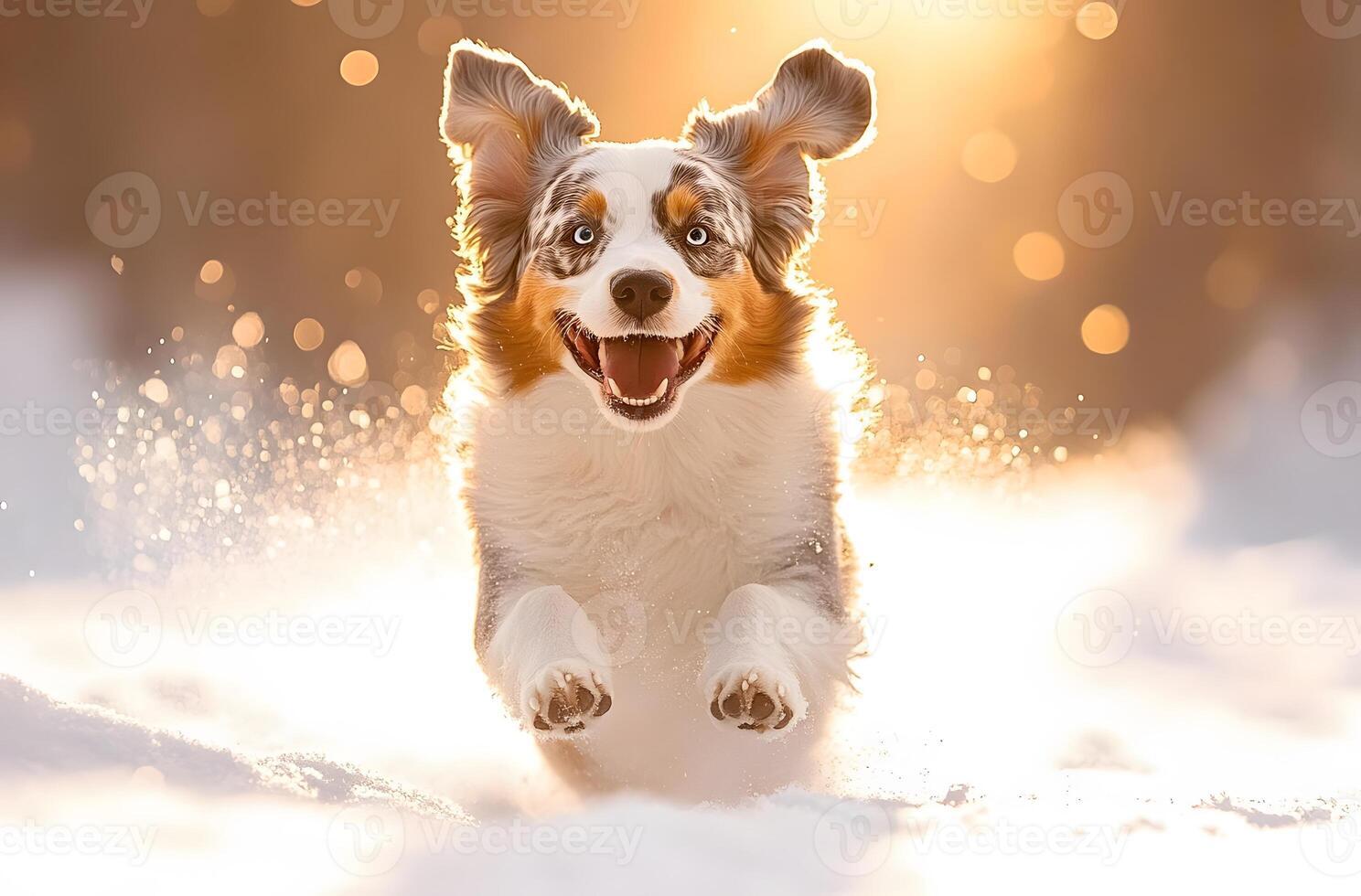 Happy Australian Shepherd Running Through Snowy Landscape photo