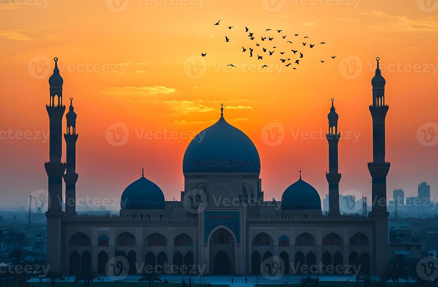 Majestic Mosque Silhouette at Sunset Birds in Flight photo