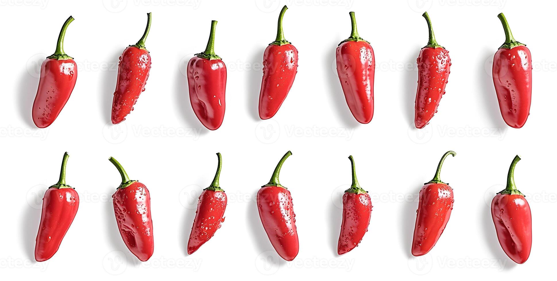 Red Chili Peppers Arranged in Rows on White Background photo