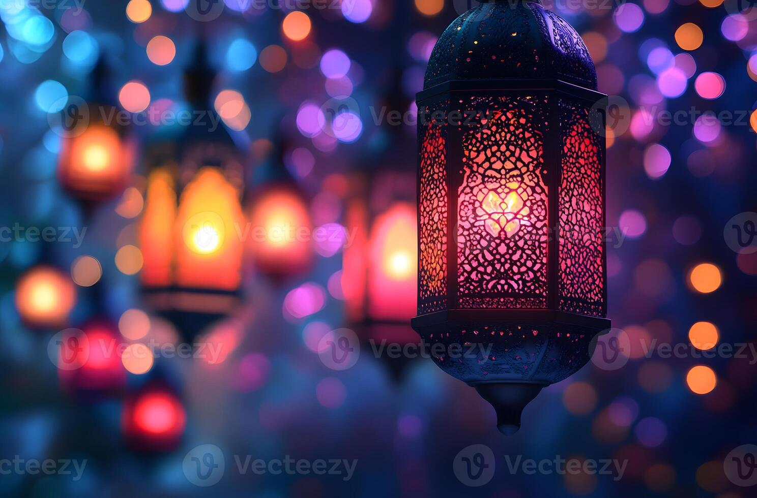 Illuminated Lantern and Festive Background Lights photo