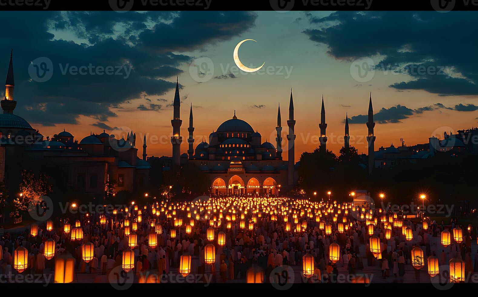 Majestic Mosque Illuminated With Lanterns Under Crescent Moon photo