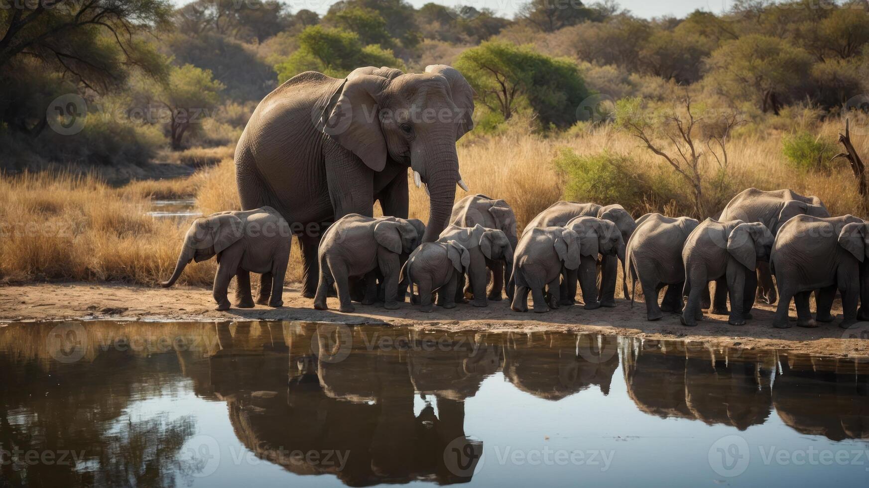 A herd of elephants gathered by a water source in a natural setting. photo