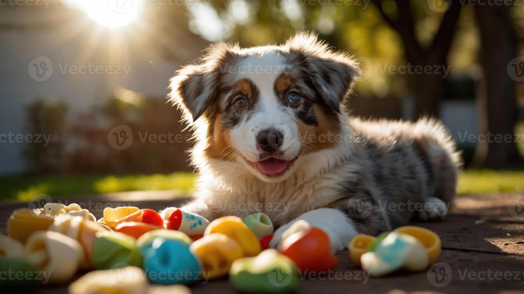 A playful puppy surrounded by colorful toys in a sunlit outdoor setting. photo