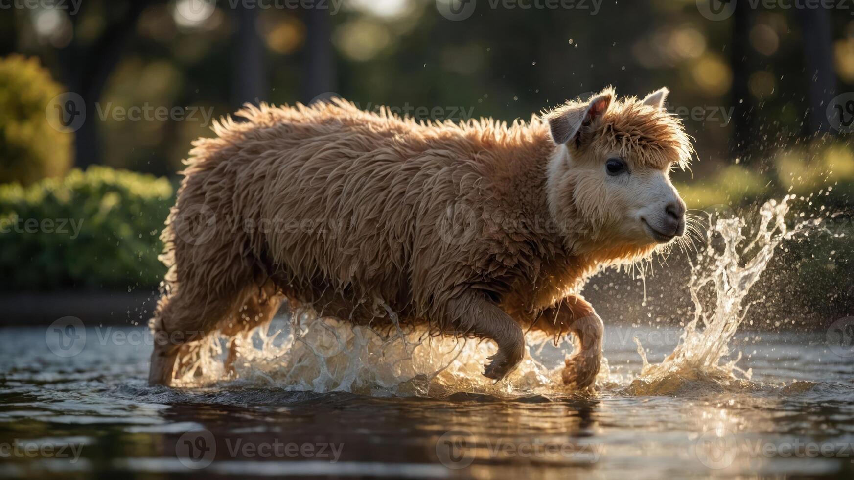 A fluffy animal splashes through water, creating a playful scene in a natural setting. photo