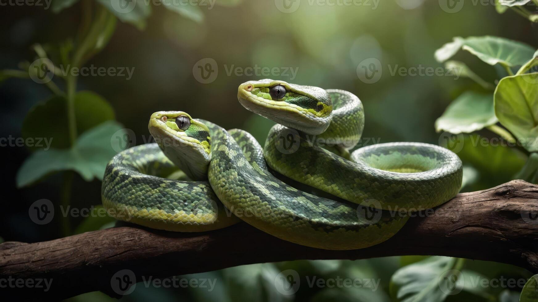 Two green snakes resting on a branch surrounded by lush foliage. photo