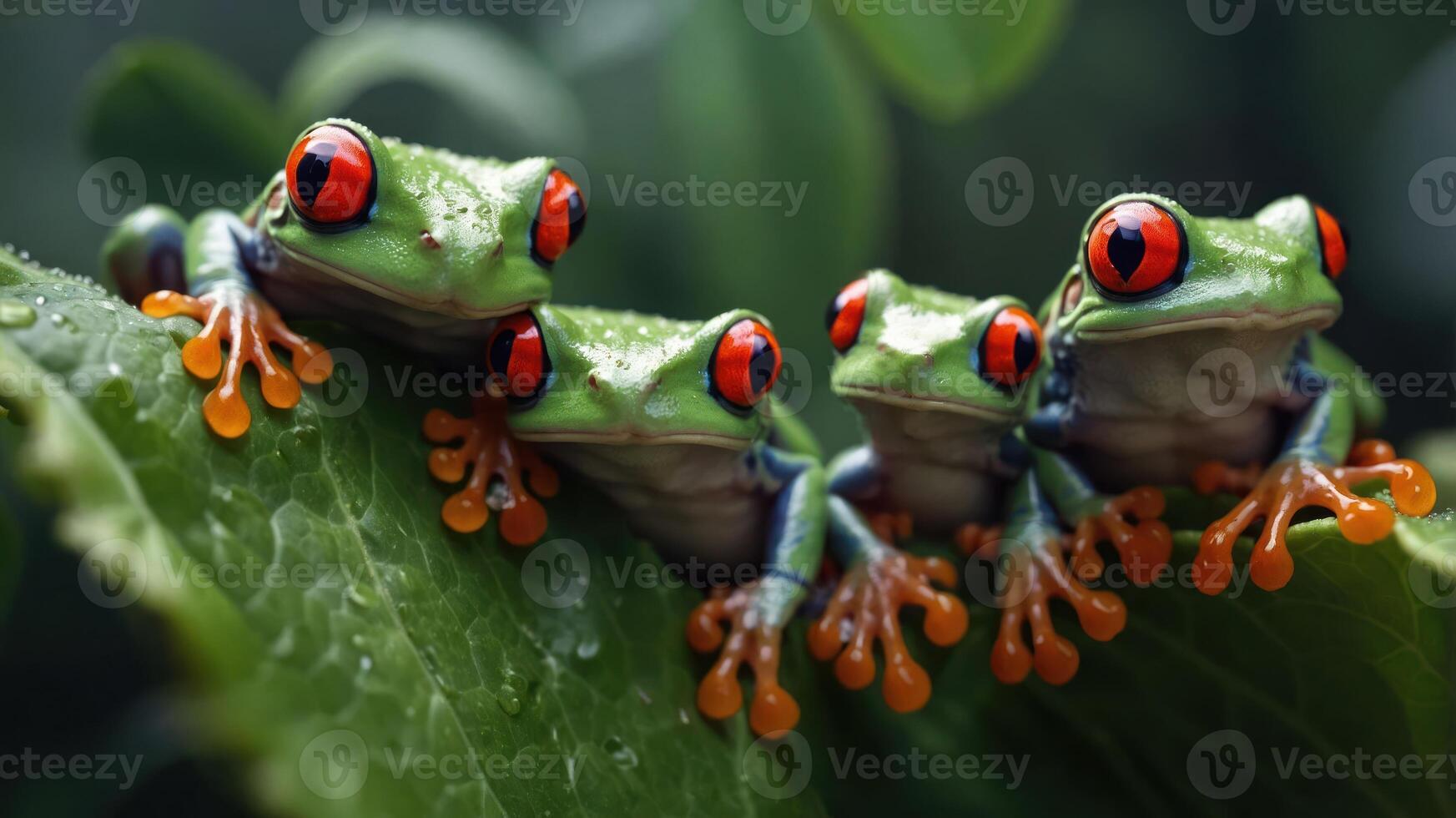 Four vibrant red-eyed tree frogs perched on a green leaf, showcasing their colorful features. photo