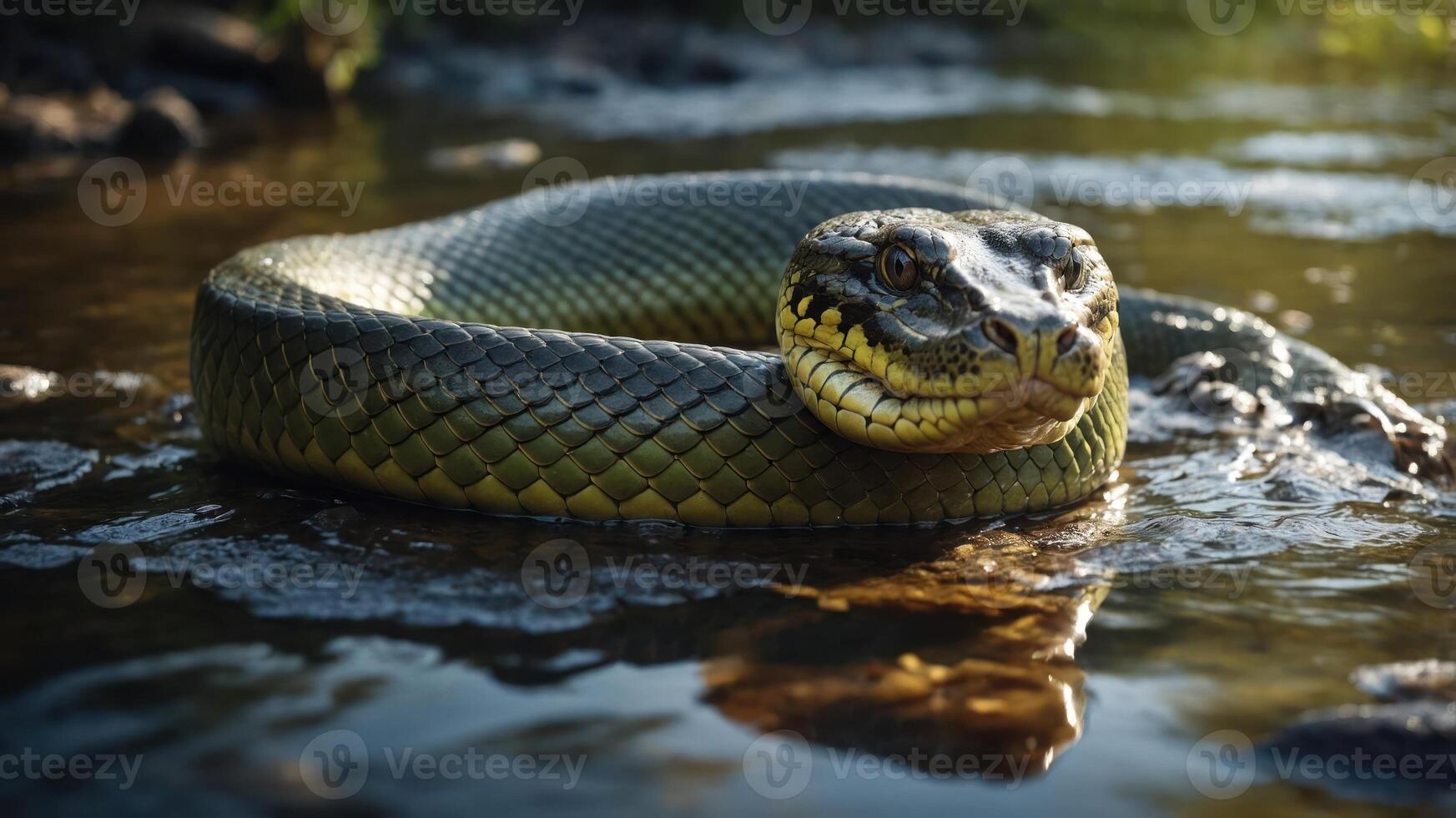 A close-up of a coiled snake resting in shallow water, showcasing its scales and environment. photo