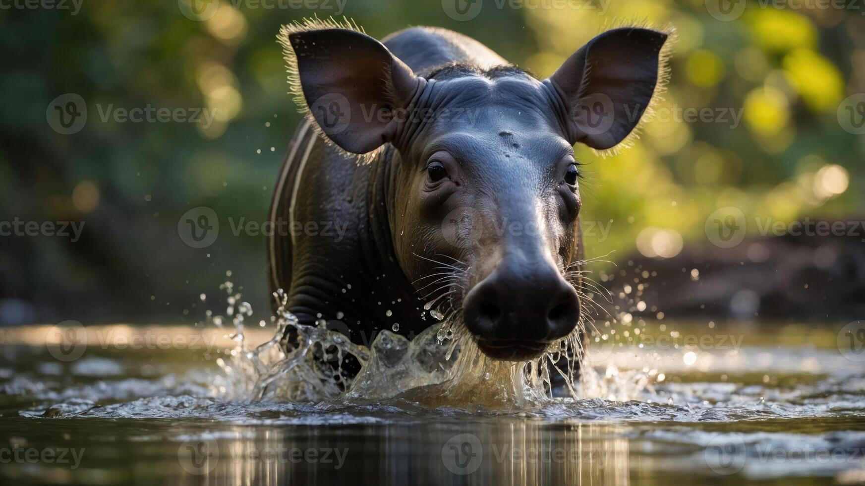 A close-up of a young tapir splashing through water in a natural setting. photo