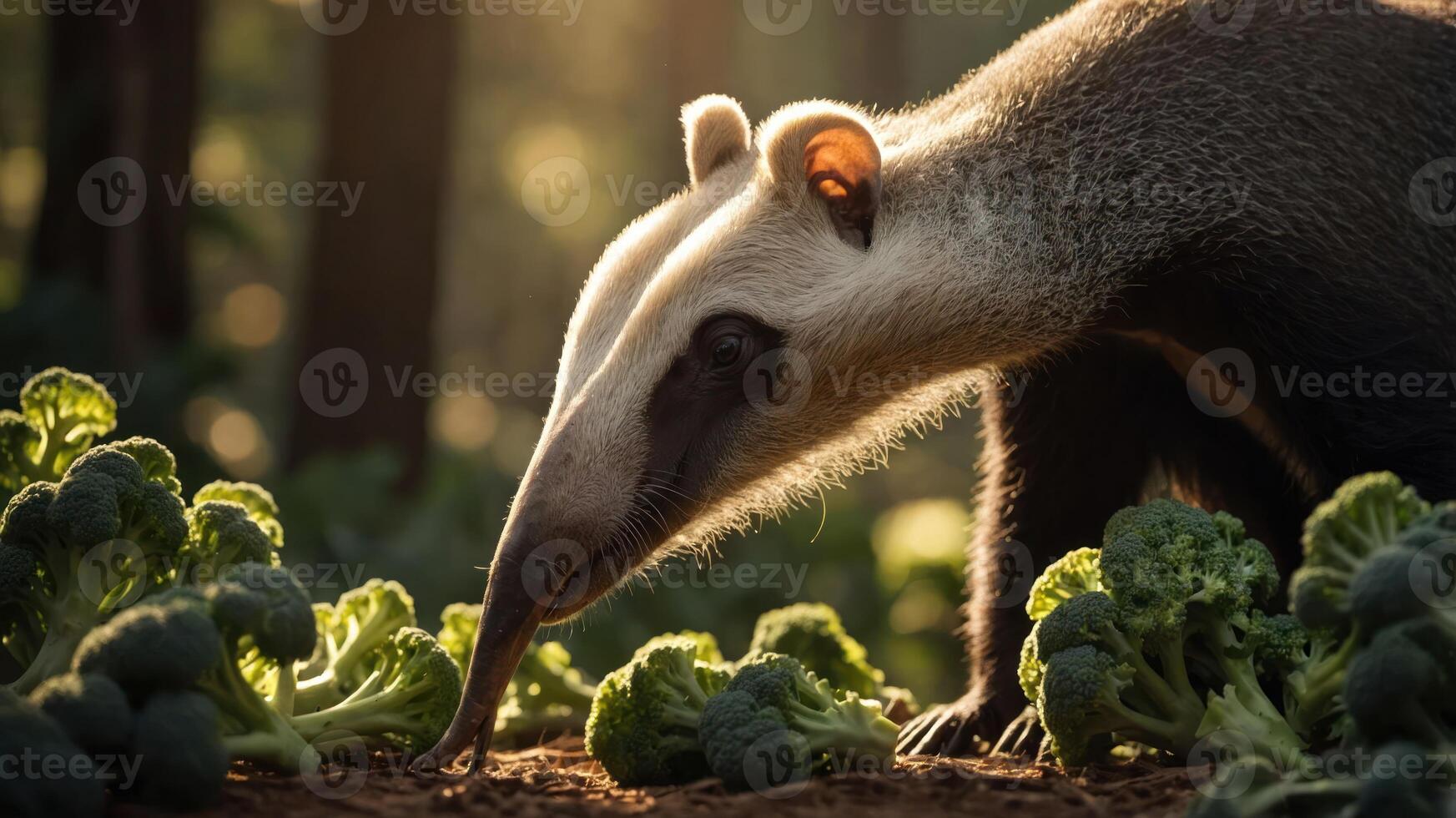 An anteater forages among fresh broccoli in a sunlit forest setting. photo