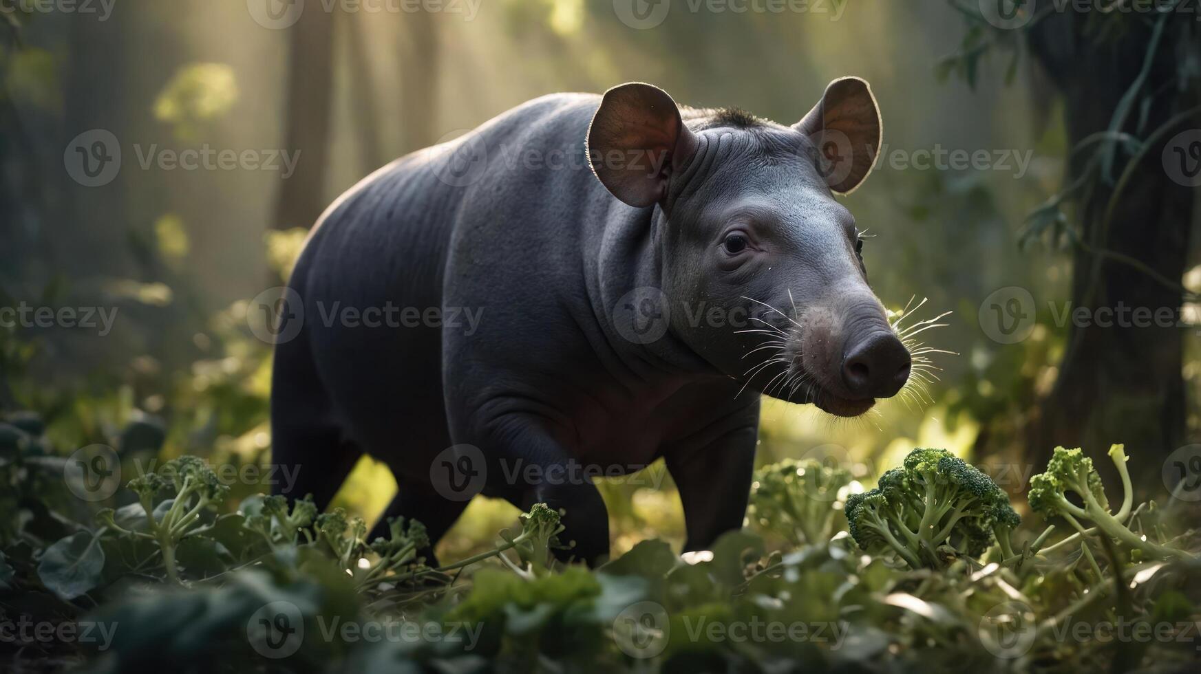 A tapir walking through a lush forest, surrounded by greenery and soft sunlight. photo