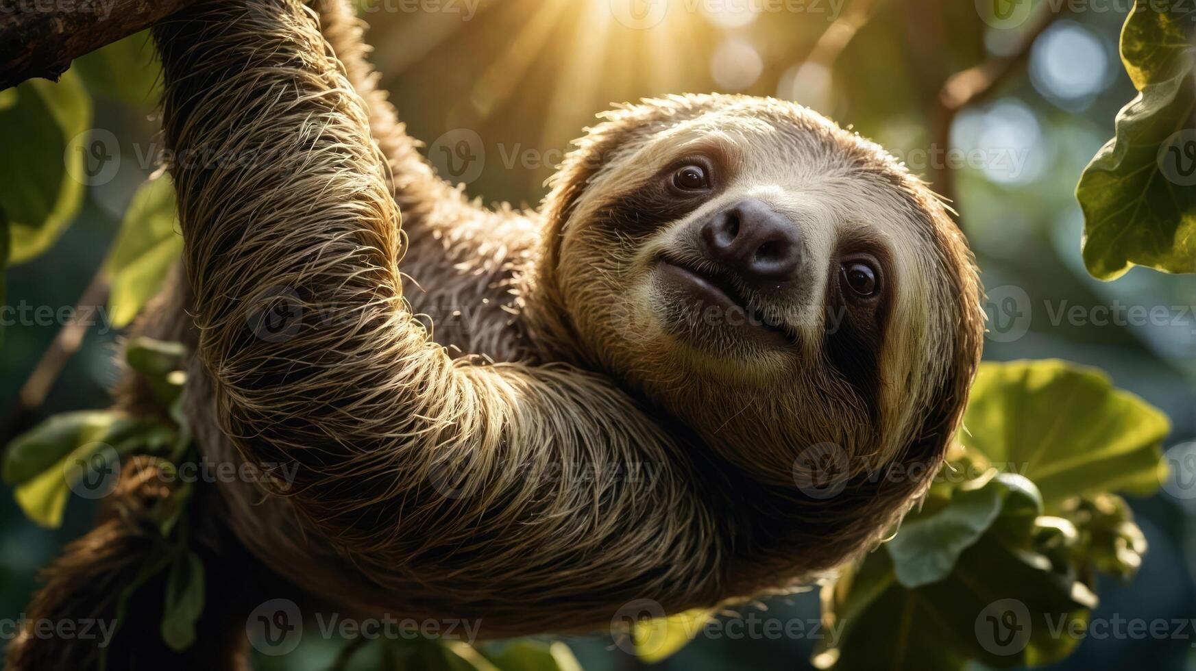 A close-up of a sloth hanging from a tree branch in a lush environment. photo