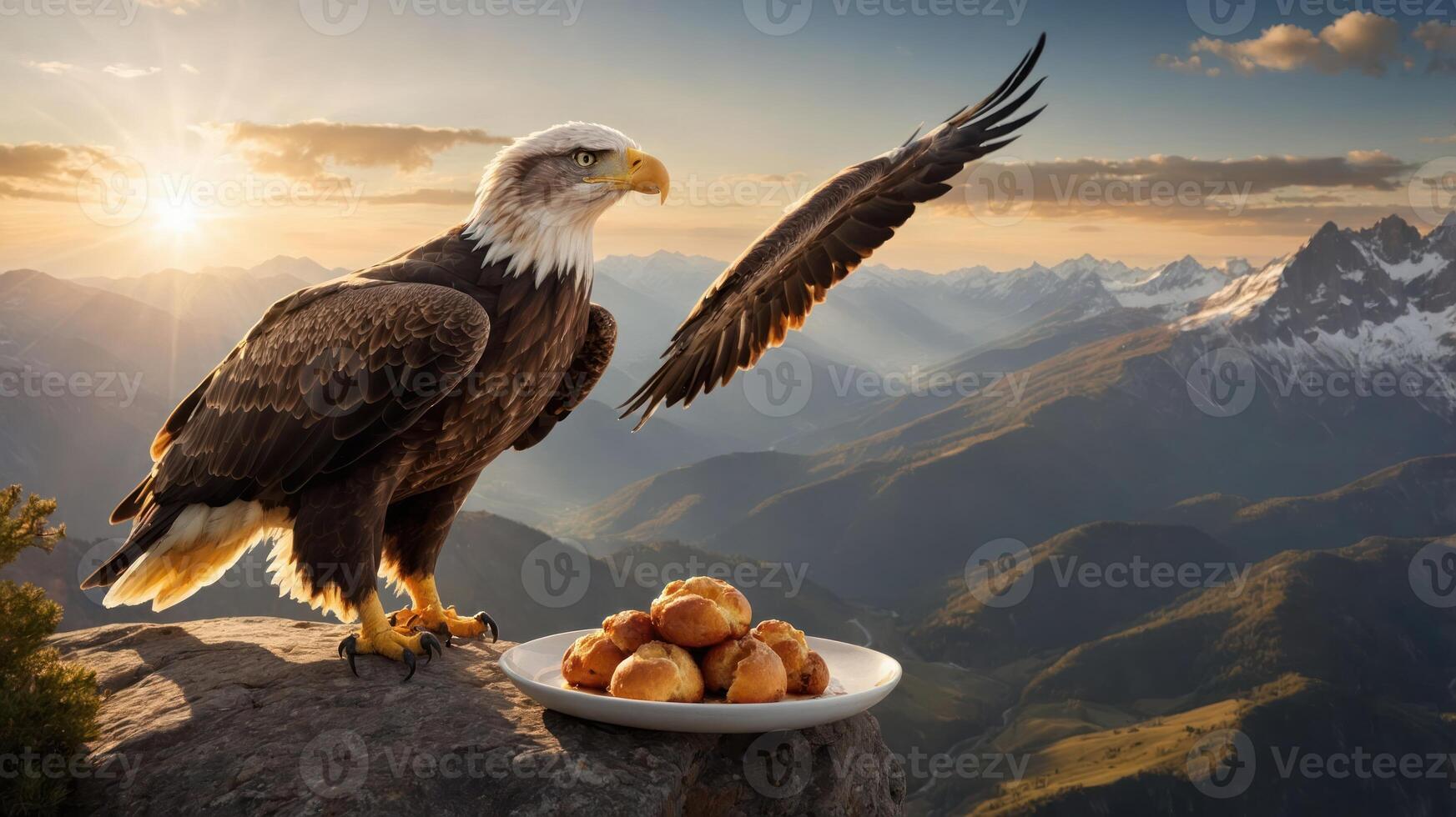 An eagle stands on a cliff with a plate of pastries, overlooking a mountainous landscape. photo