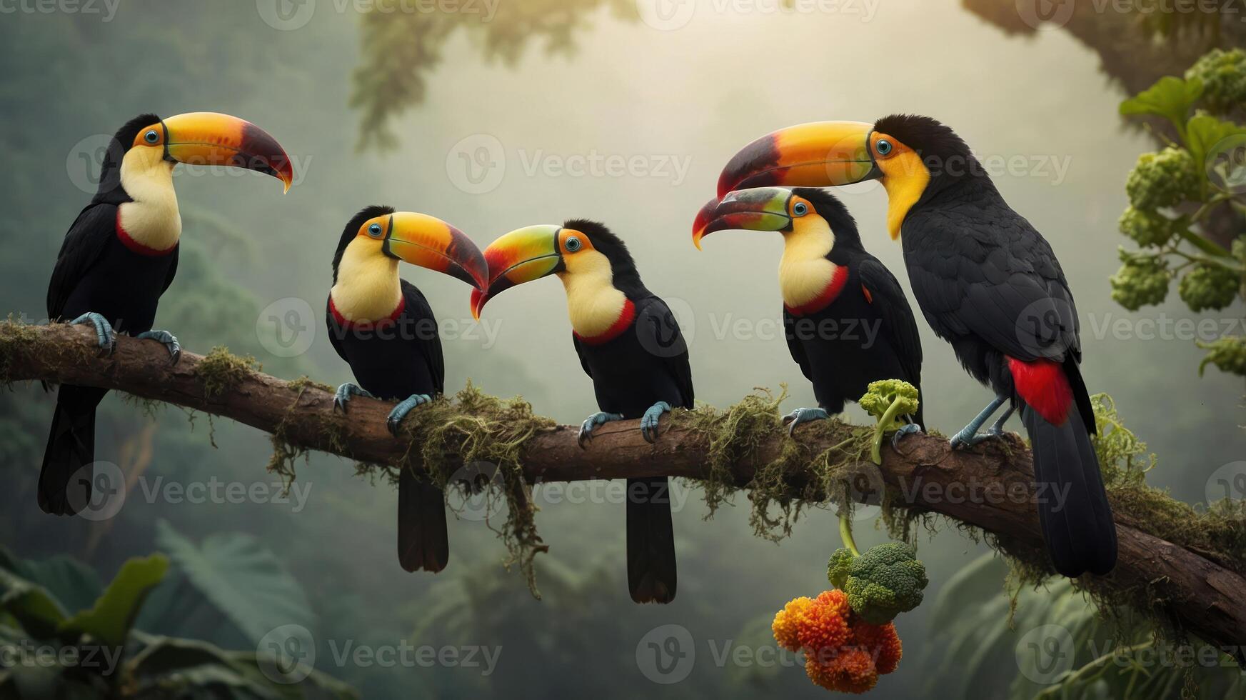 A group of colorful toucans perched on a branch in a lush, misty forest. photo