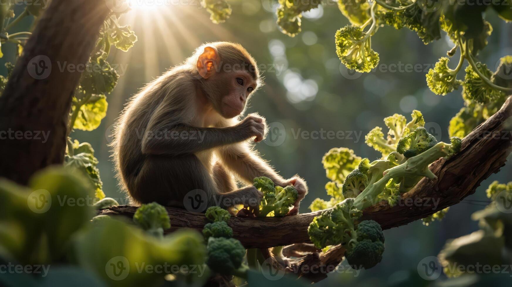 A young monkey sits on a branch, eating greens, illuminated by sunlight through foliage. photo