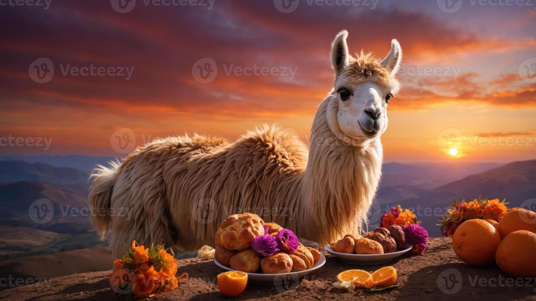 A llama stands beside plates of pastries and oranges against a vibrant sunset backdrop. photo