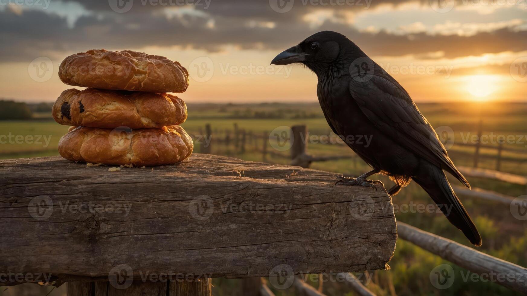 A raven perched beside stacked pastries at sunset, highlighting nature and food interaction. photo