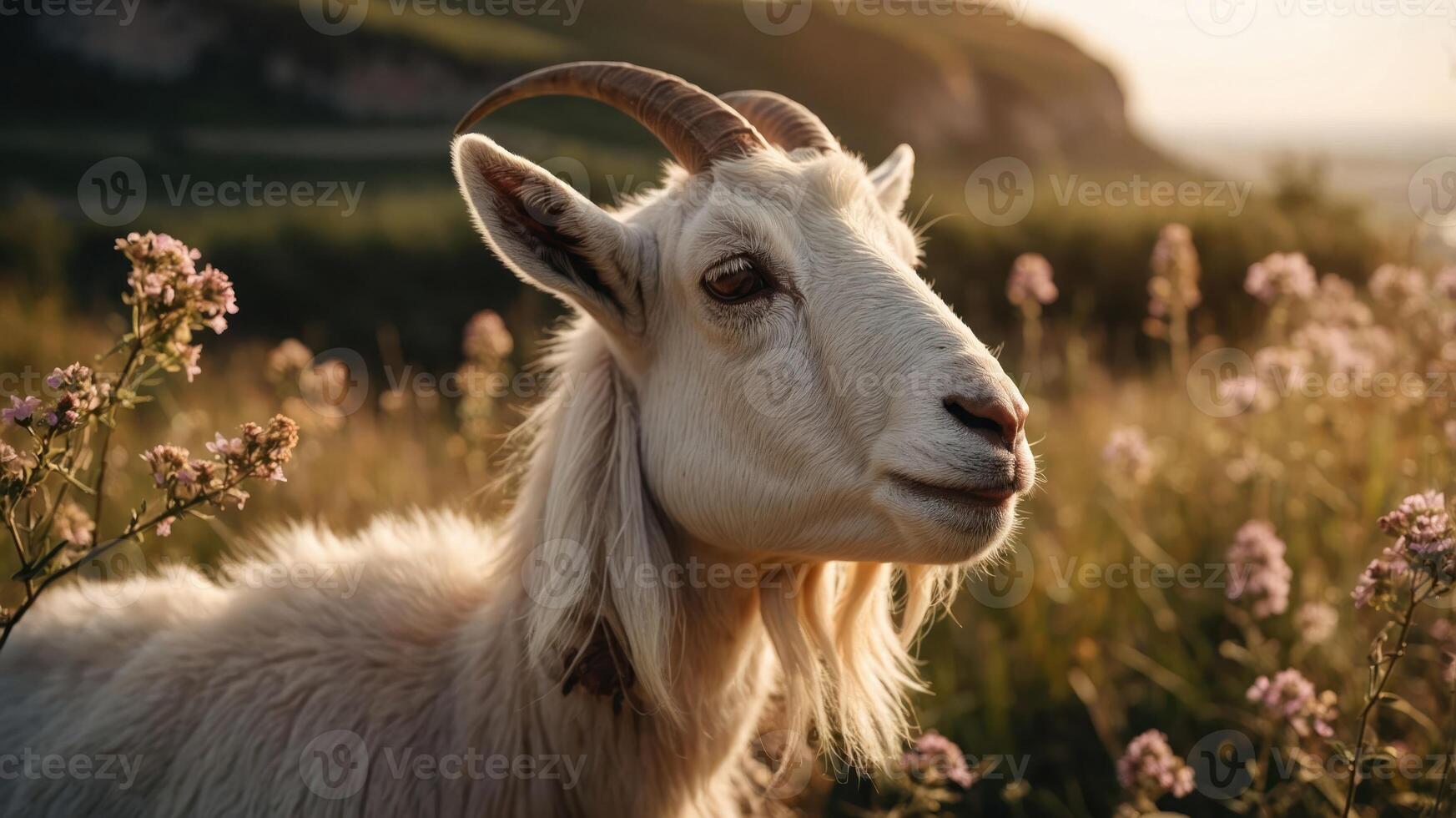 A close-up of a goat in a field surrounded by flowers during sunset. photo