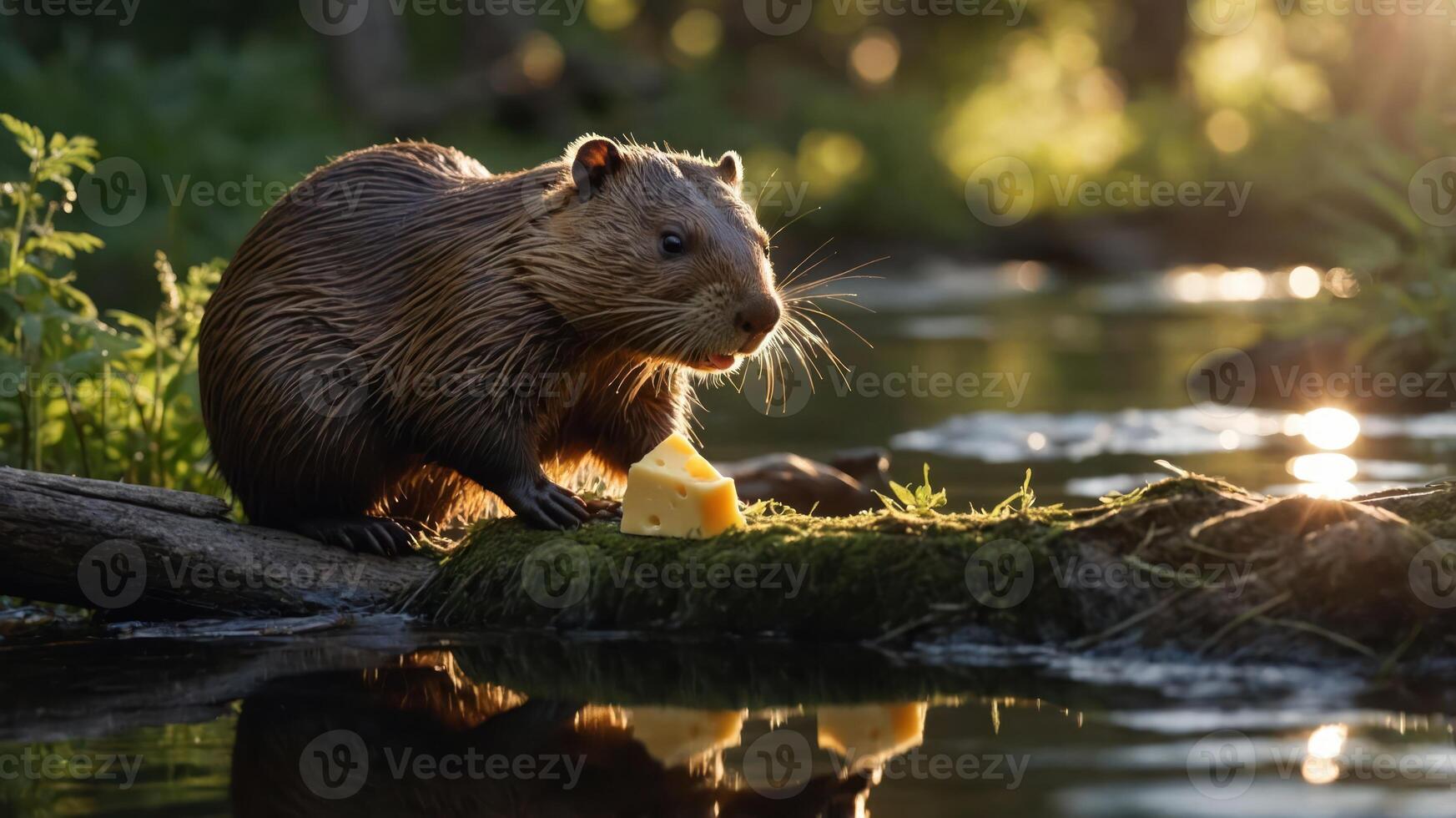 A beaver sits by the water, enjoying a piece of cheese on a mossy log at sunset. photo