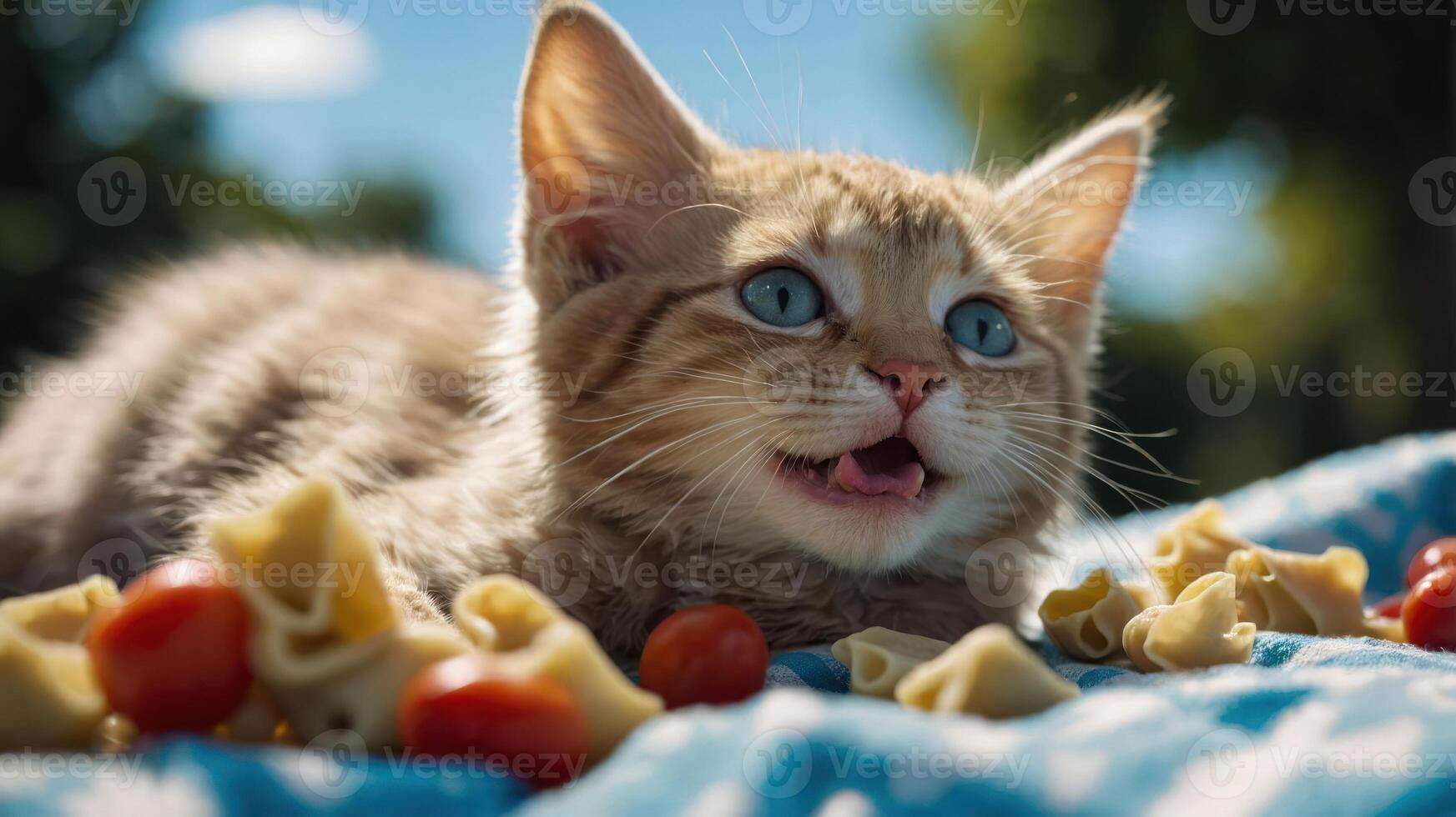 A playful kitten surrounded by pasta and cherry tomatoes on a sunny day. photo