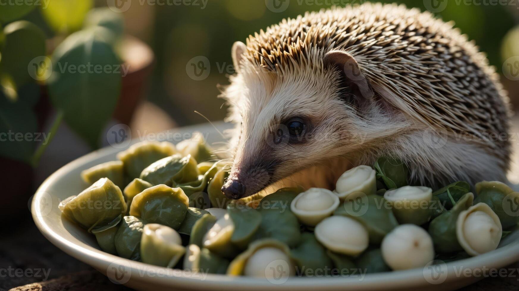 A hedgehog sits on a plate of green dumplings, blending nature and food aesthetics. photo