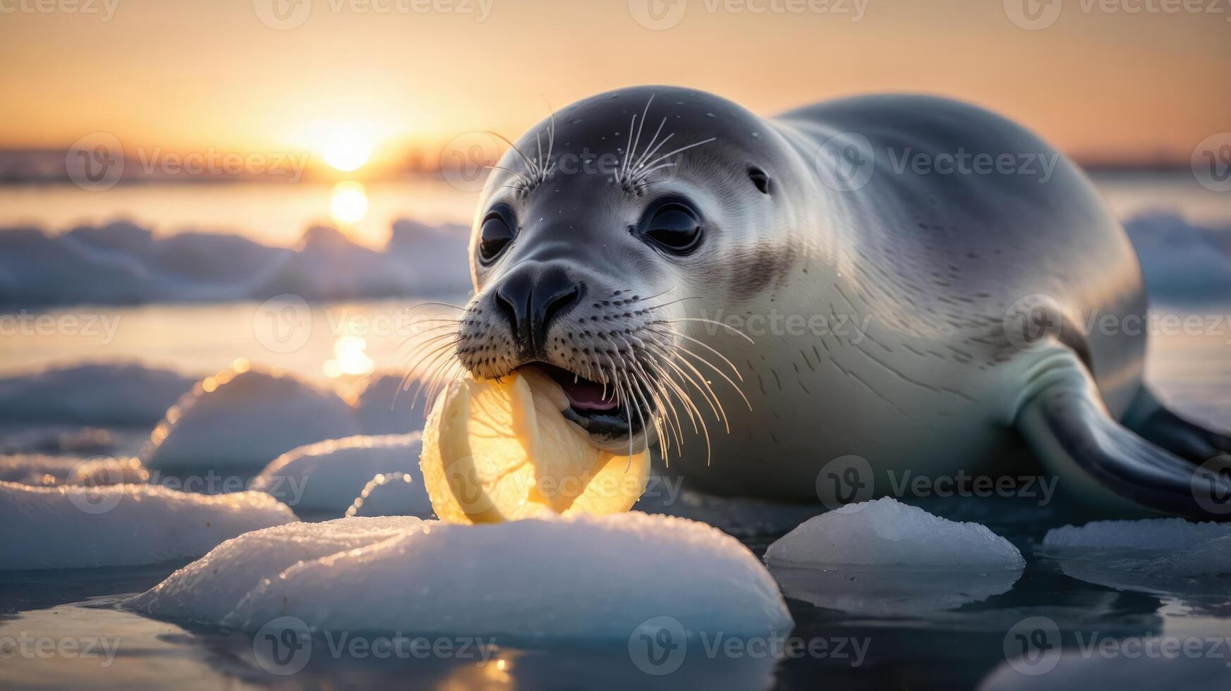 A seal playfully holds a slice of lemon while resting on ice at sunset. photo
