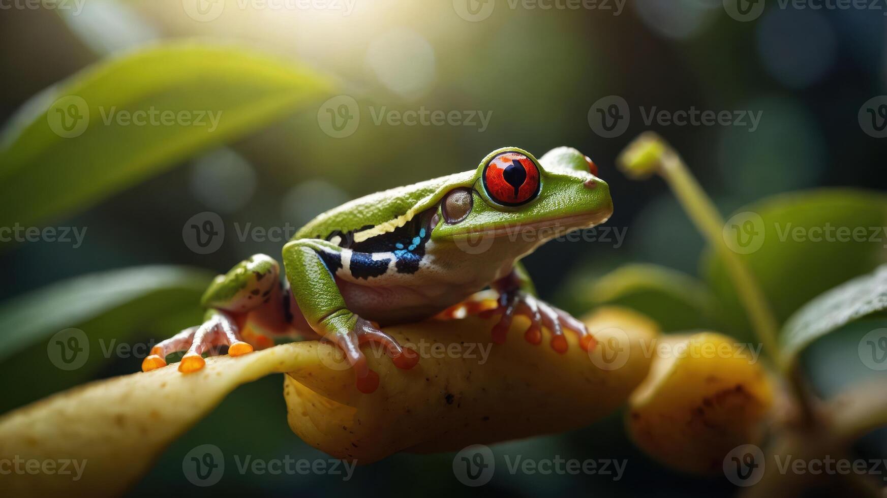 A vibrant red-eyed tree frog perched on a leaf, showcasing its colorful features in nature. photo
