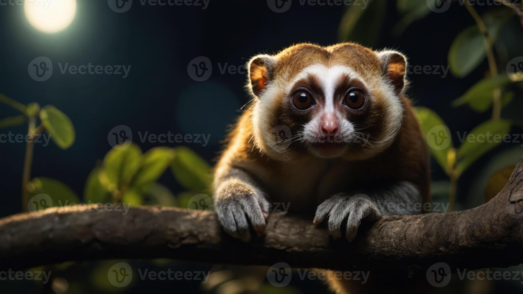 A close-up of a slow loris perched on a branch in a dimly lit environment. photo