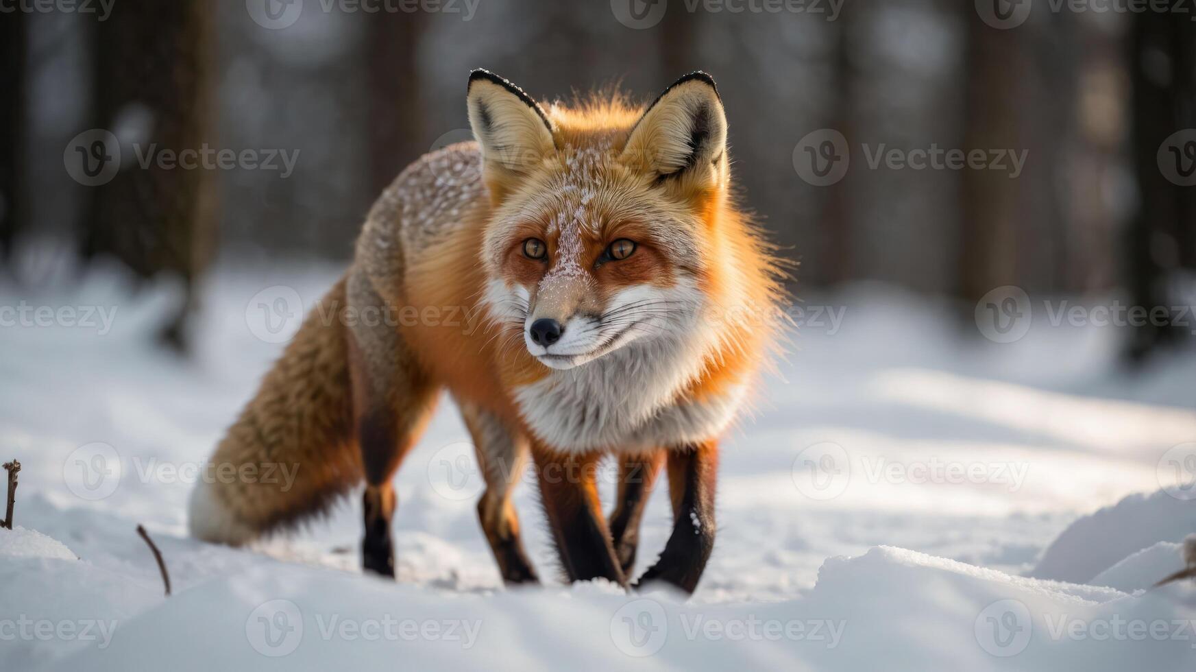 A red fox walking through a snowy landscape in a forest. photo