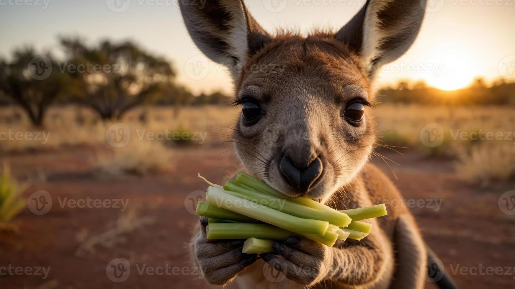A kangaroo holds a bunch of celery in a sunlit, natural setting. photo